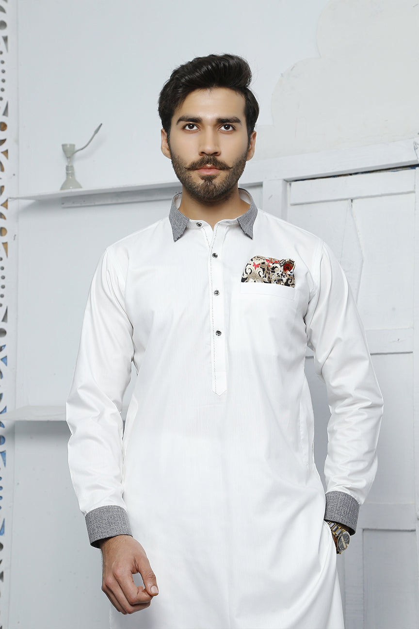 White Contrast Collar Cotton Kurta Pajama (2-Piece) - Image 1