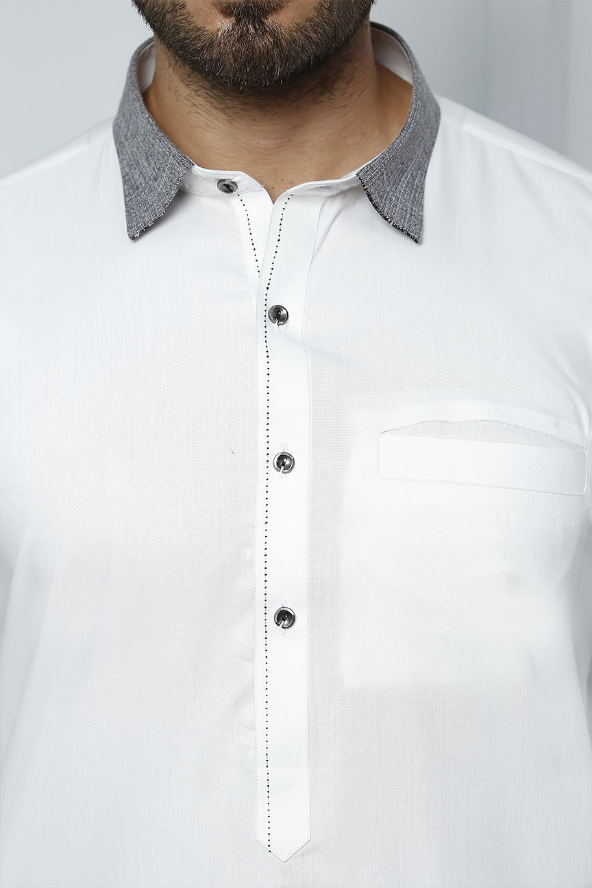 White Contrast Collar Cotton Kurta Pajama (2-Piece) - Image 3