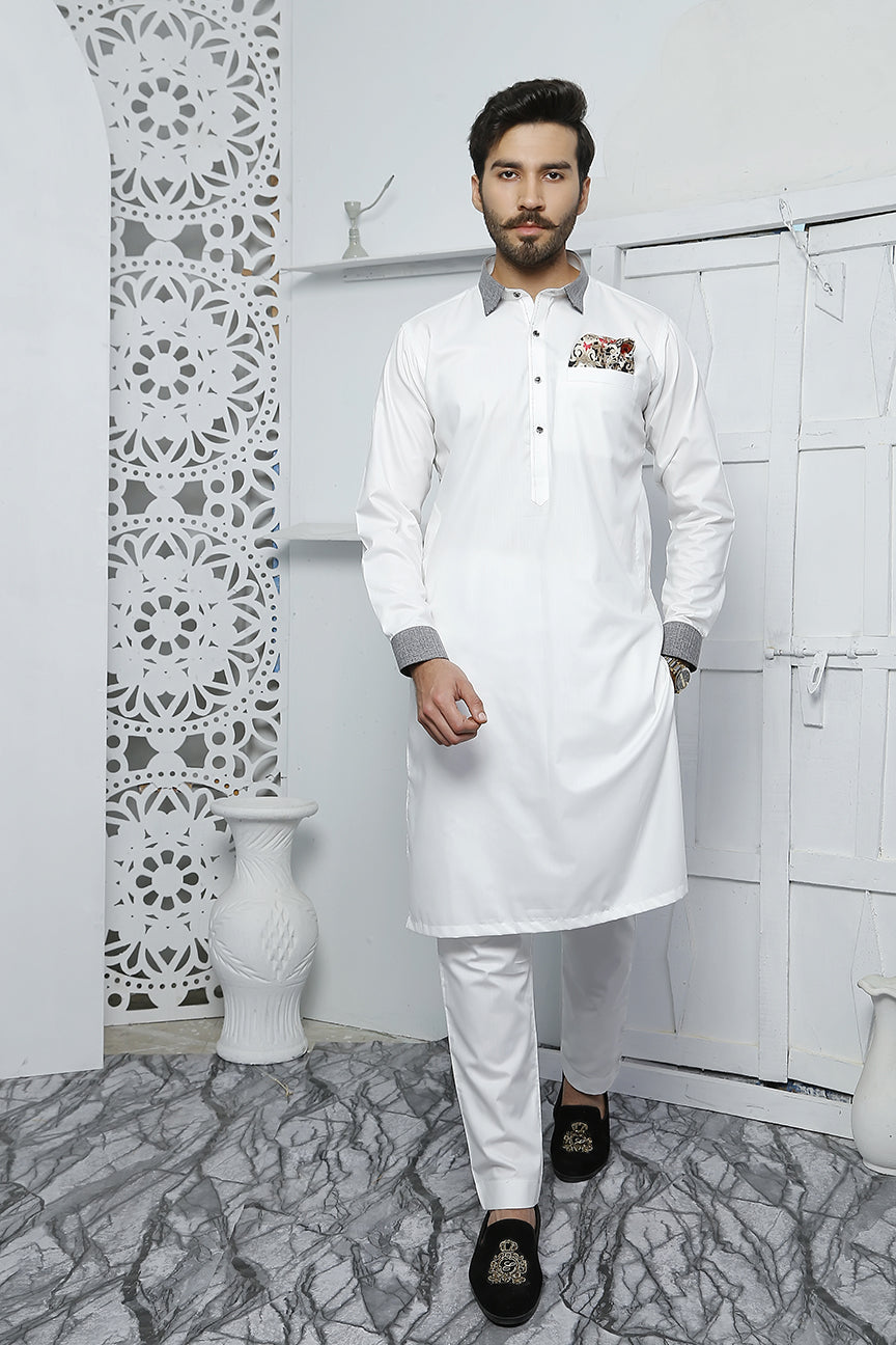 White Contrast Collar Cotton Kurta Pajama (2-Piece) - Image 4