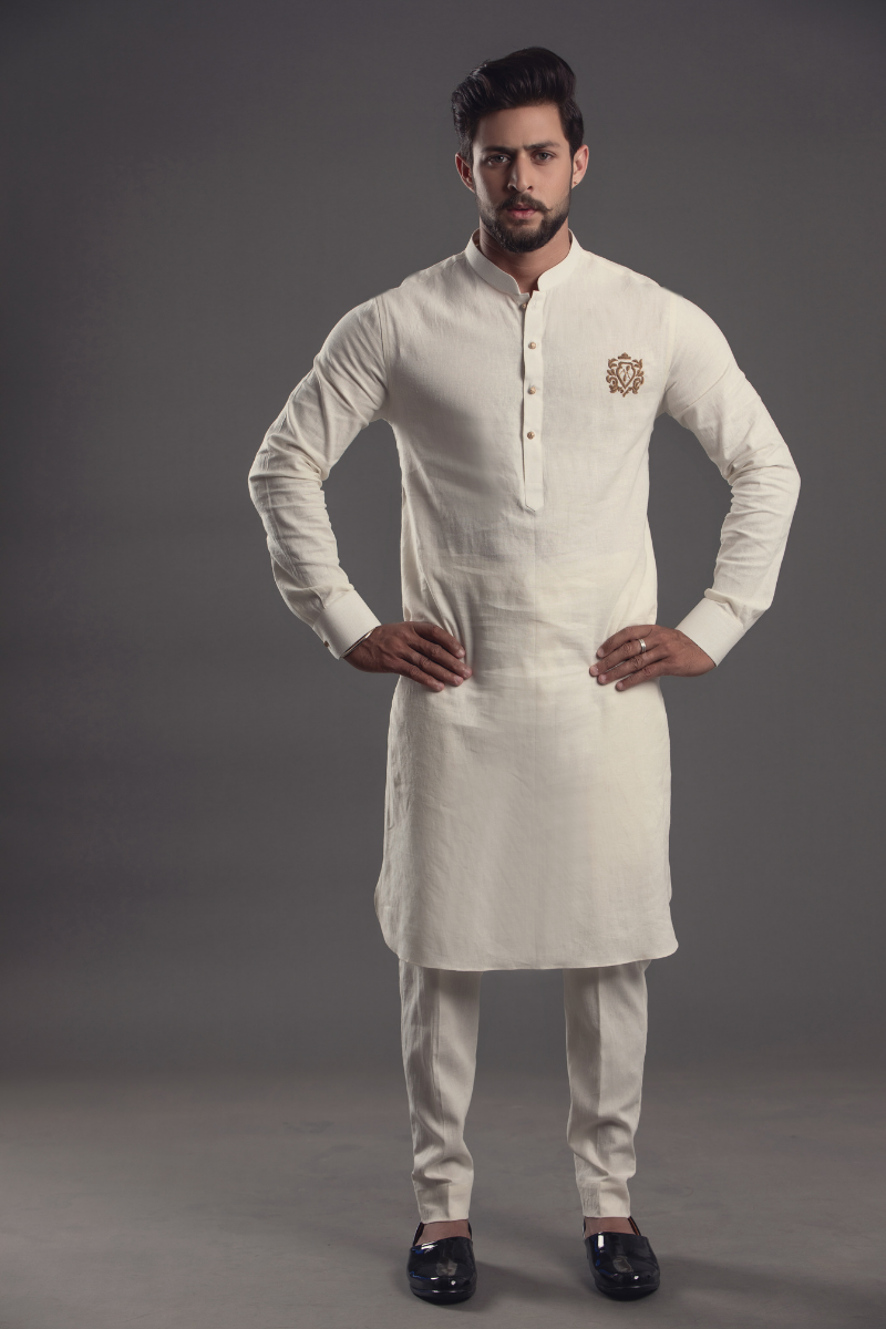 White Embroidered Cotton Kurta Pajama (2-Piece) - Image 1