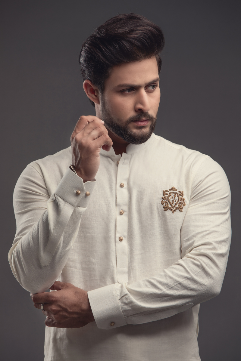 White Embroidered Cotton Kurta Pajama (2-Piece) - Image 2