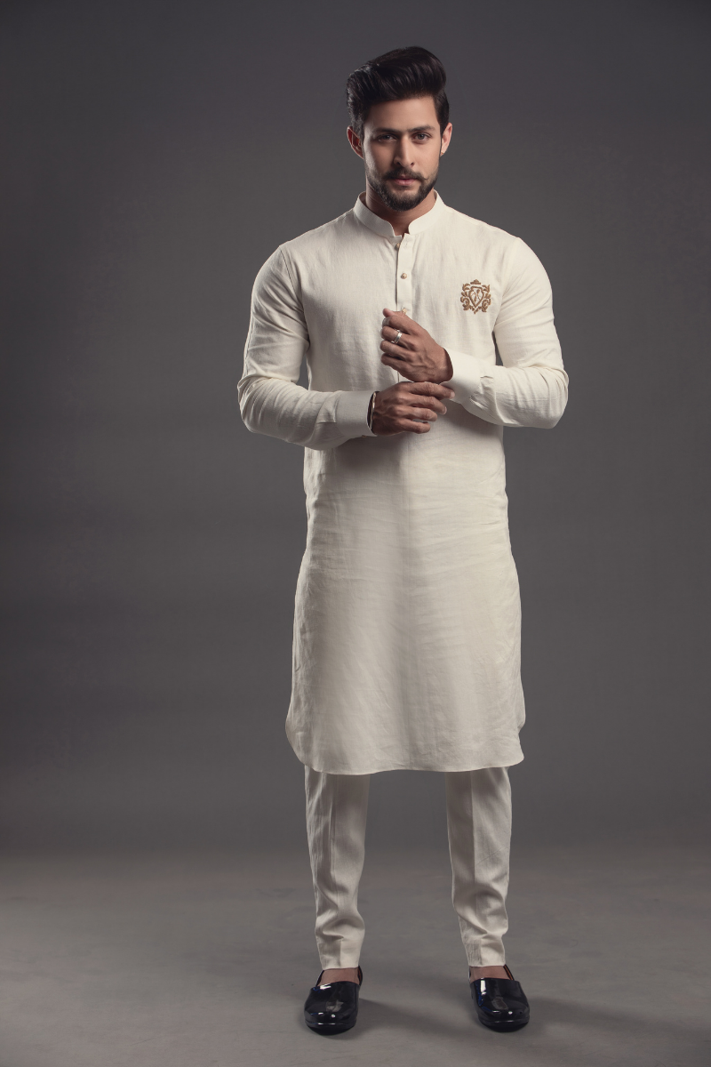 White Embroidered Cotton Kurta Pajama (2-Piece) - Image 3