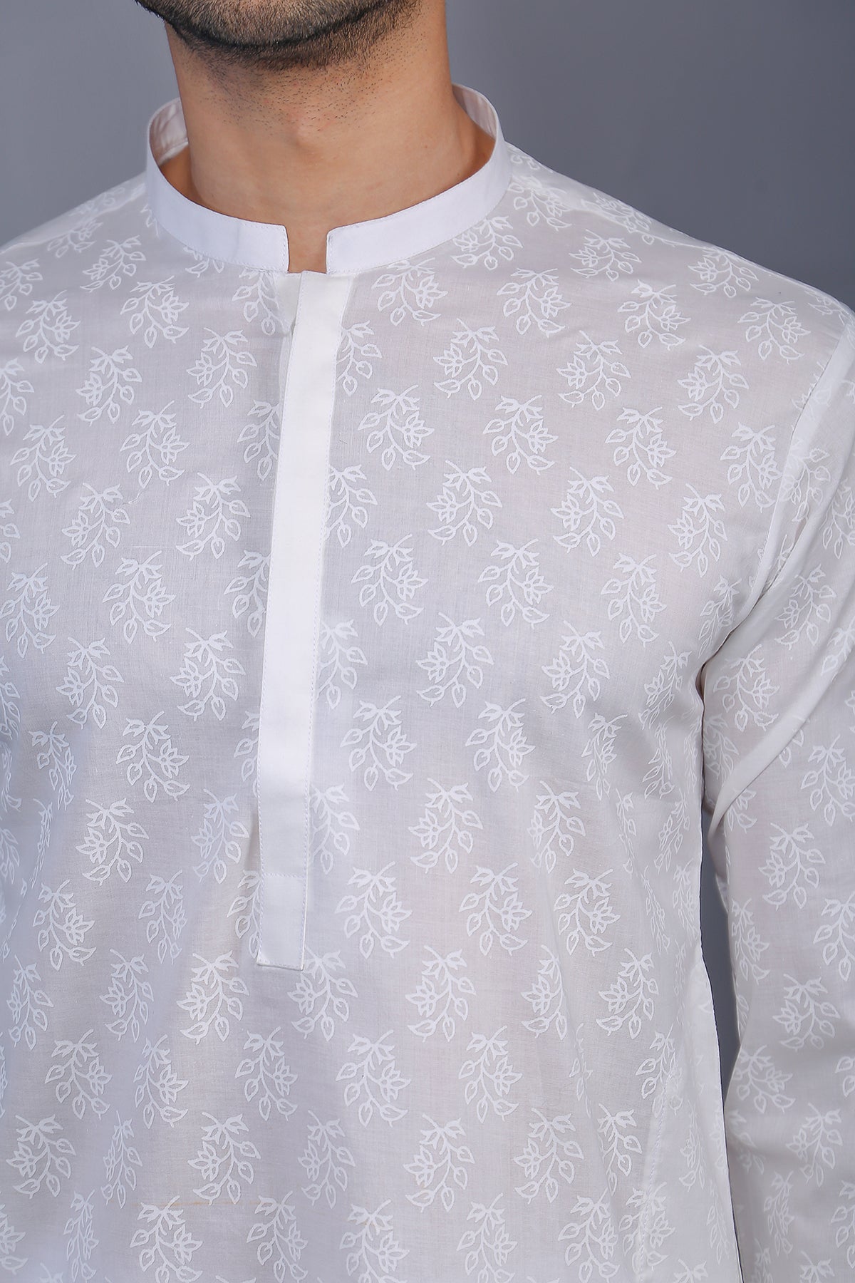 White Screen-Printed Cotton Kurta Pajama (2-Piece) - Image 3