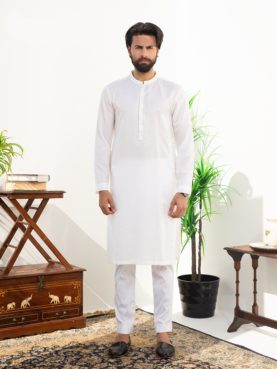 White Cotton Slim-Fit Kurta Pajama (2-Piece) - Image 1