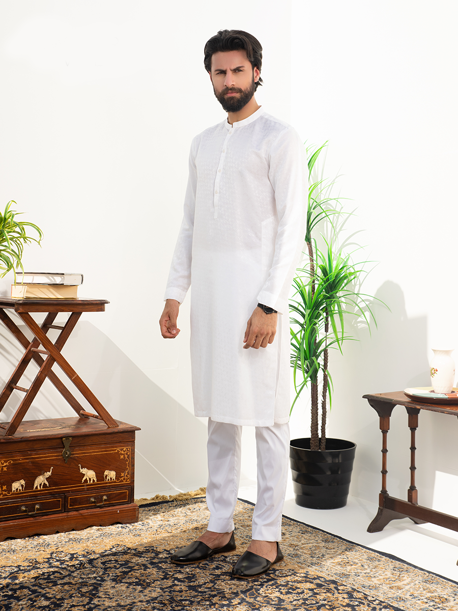 White Cotton Slim-Fit Kurta Pajama (2-Piece) - Image 2