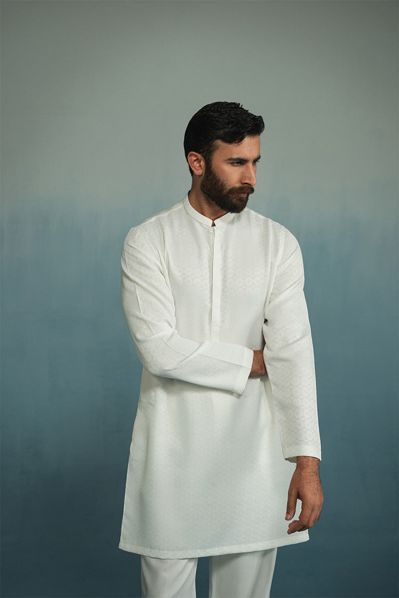 White Jacquard Cotton Kurta Pajama (2-Piece) - Image 1