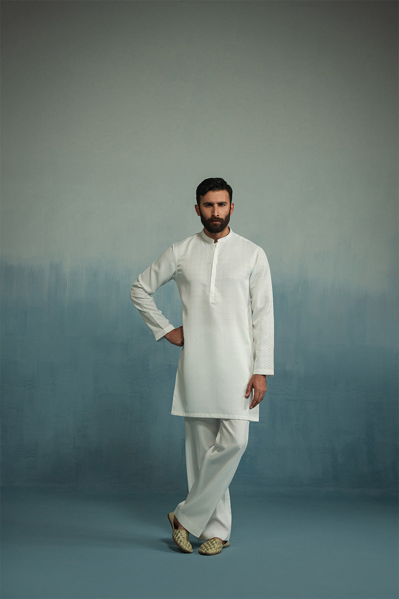 White Jacquard Cotton Kurta Pajama (2-Piece) - Image 2