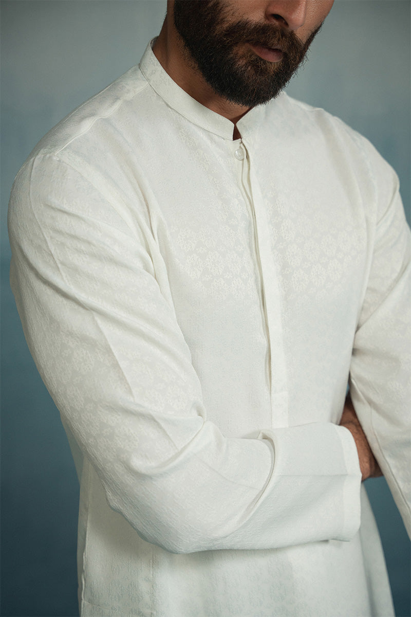 White Jacquard Cotton Kurta Pajama (2-Piece) - Image 3