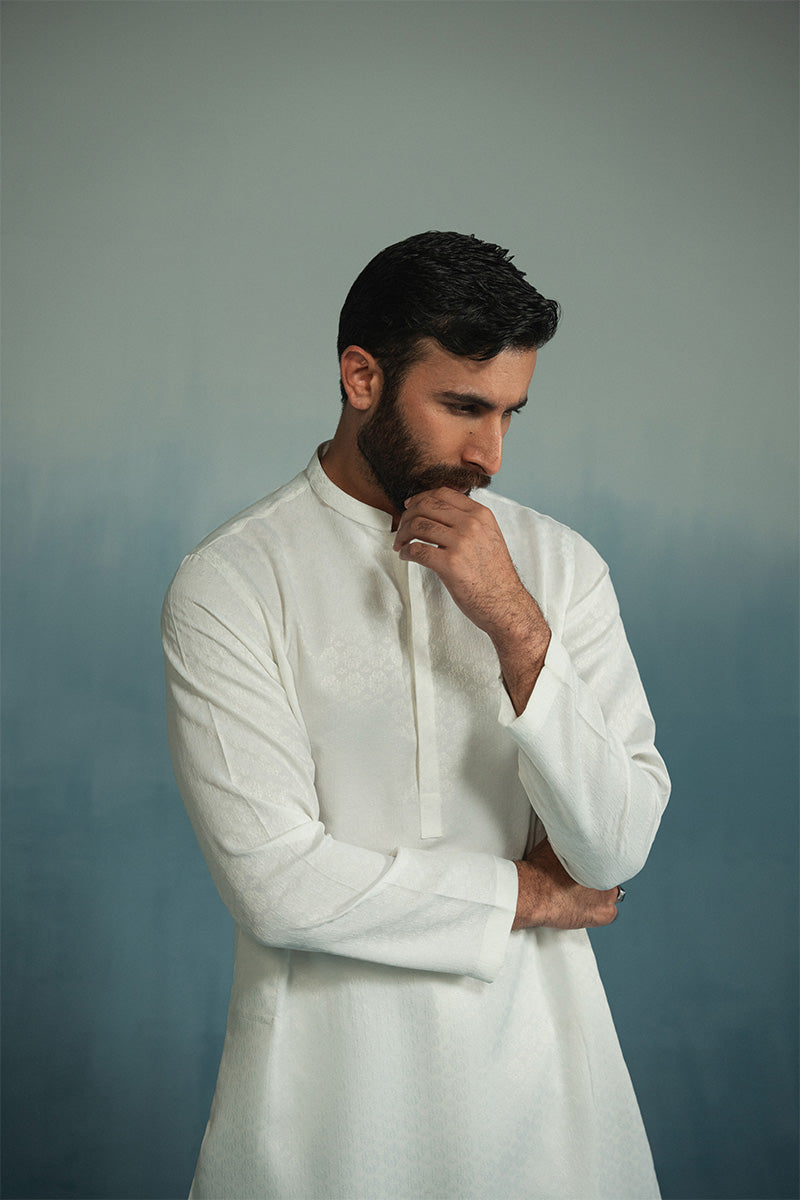 White Jacquard Cotton Kurta Pajama (2-Piece) - Image 4
