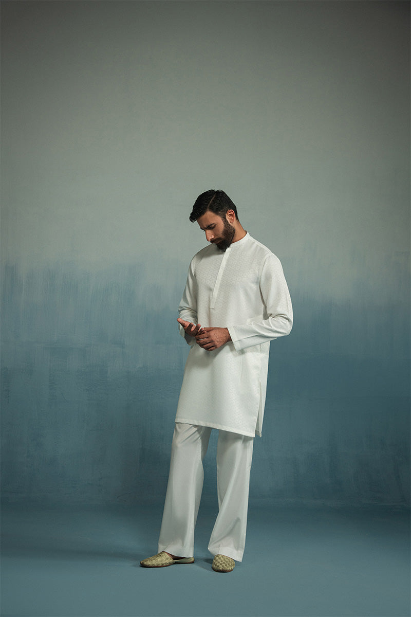 White Jacquard Cotton Kurta Pajama (2-Piece) - Image 6