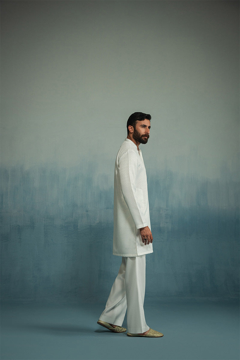 White Jacquard Cotton Kurta Pajama (2-Piece) - Image 8