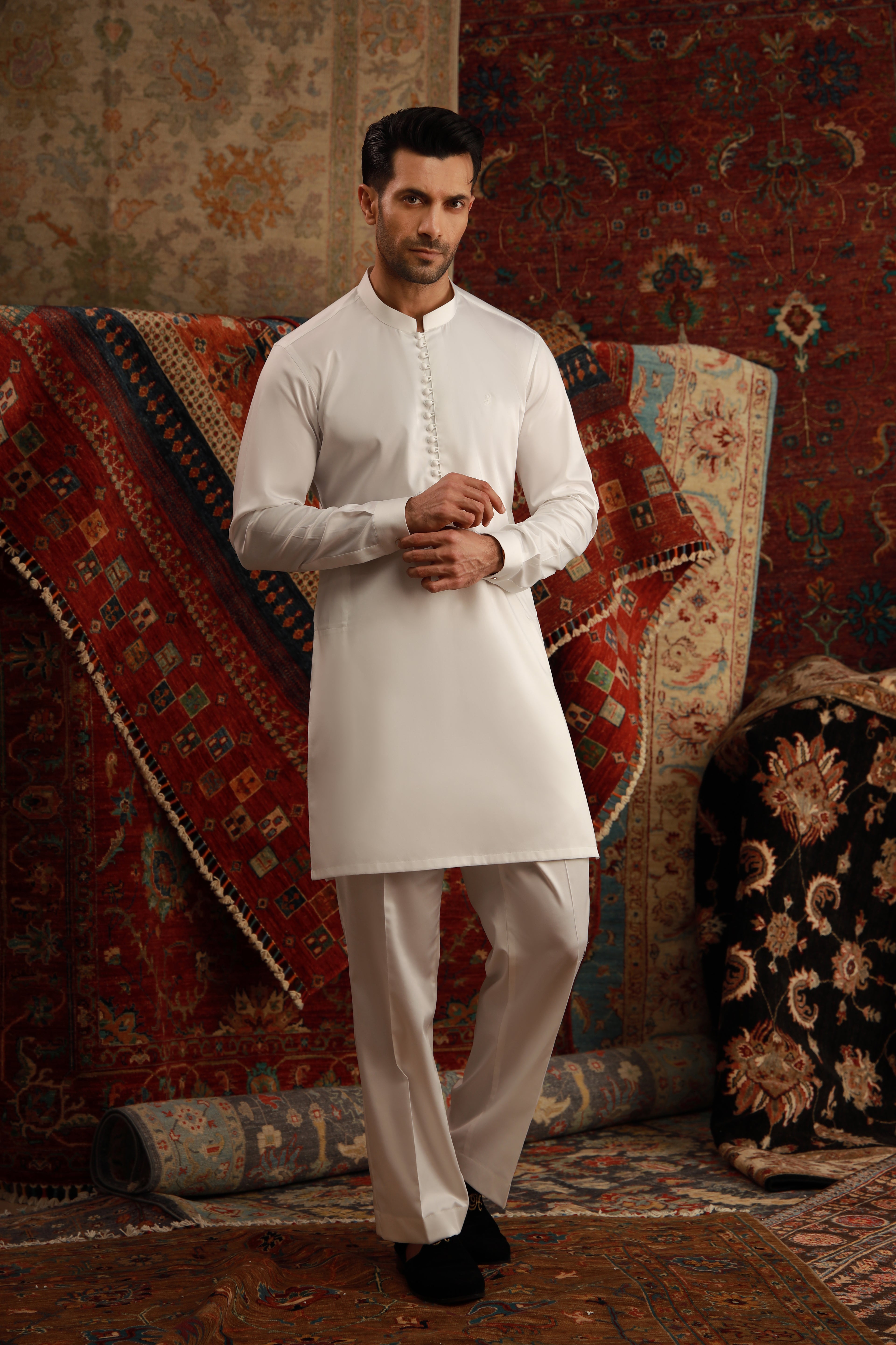 White Embroidered Egyptian Cotton Satin Kurta Pajama (2-Piece) - Image 2