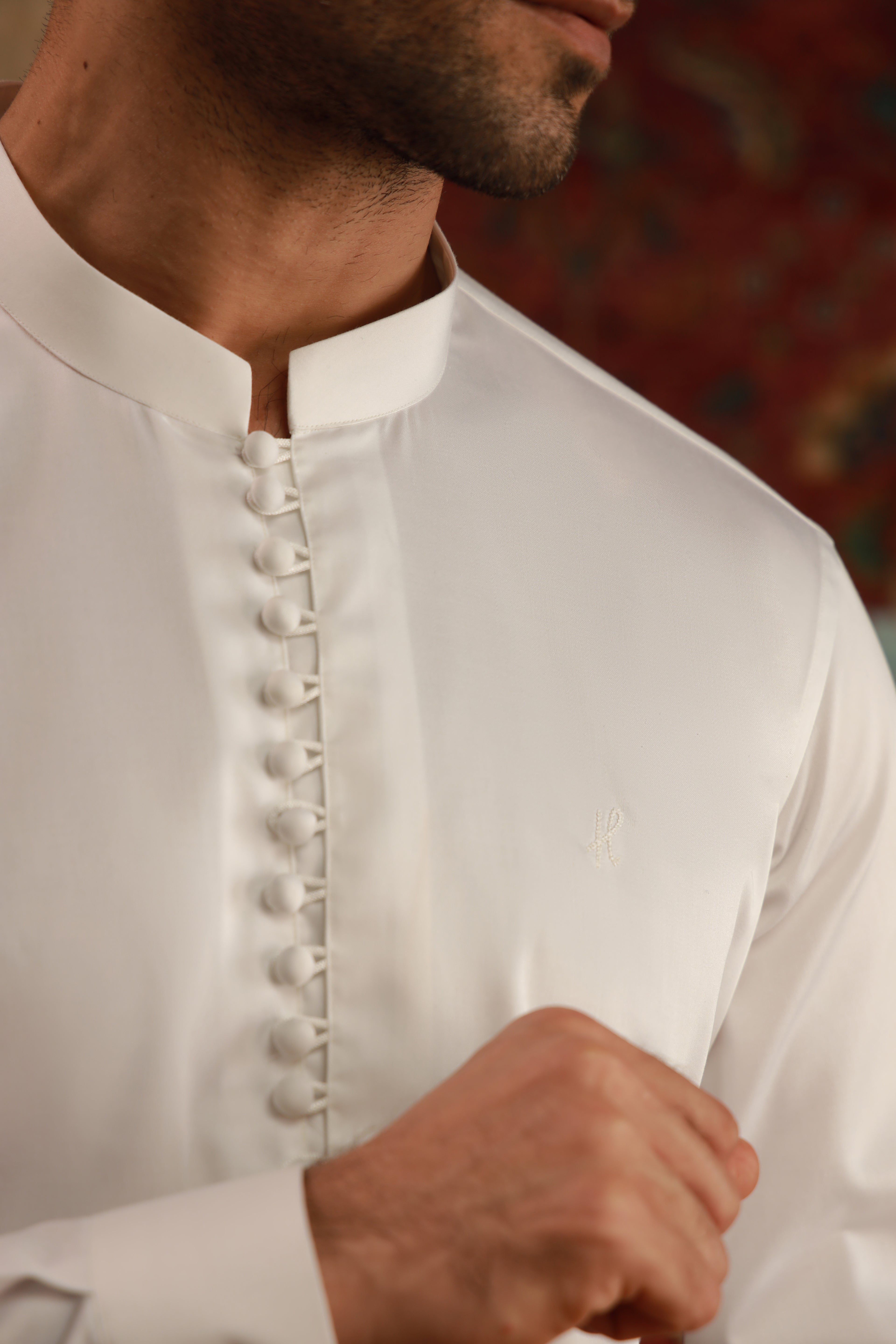 White Embroidered Egyptian Cotton Satin Kurta Pajama (2-Piece) - Image 3