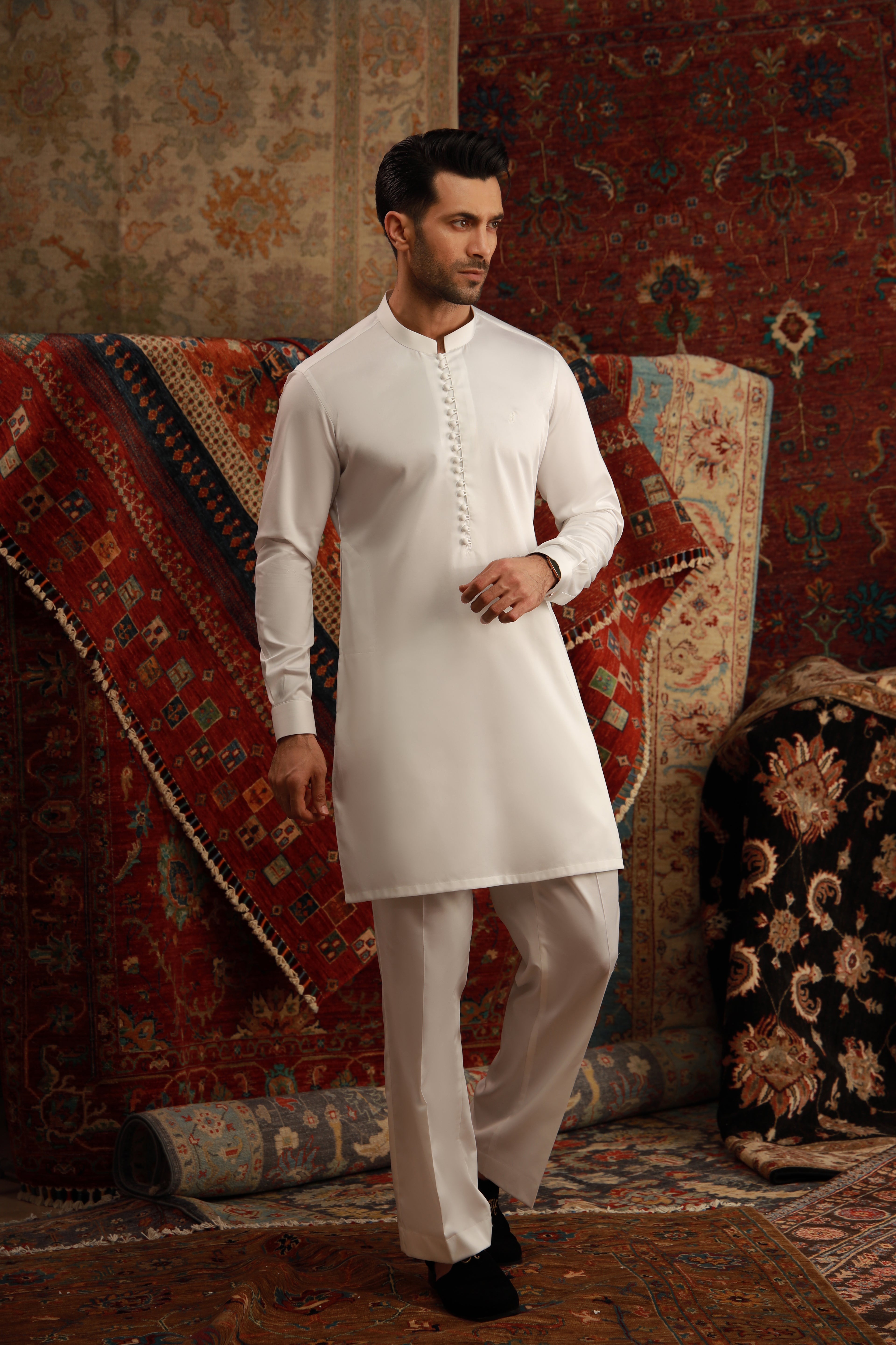 White Embroidered Egyptian Cotton Satin Kurta Pajama (2-Piece) - Image 5
