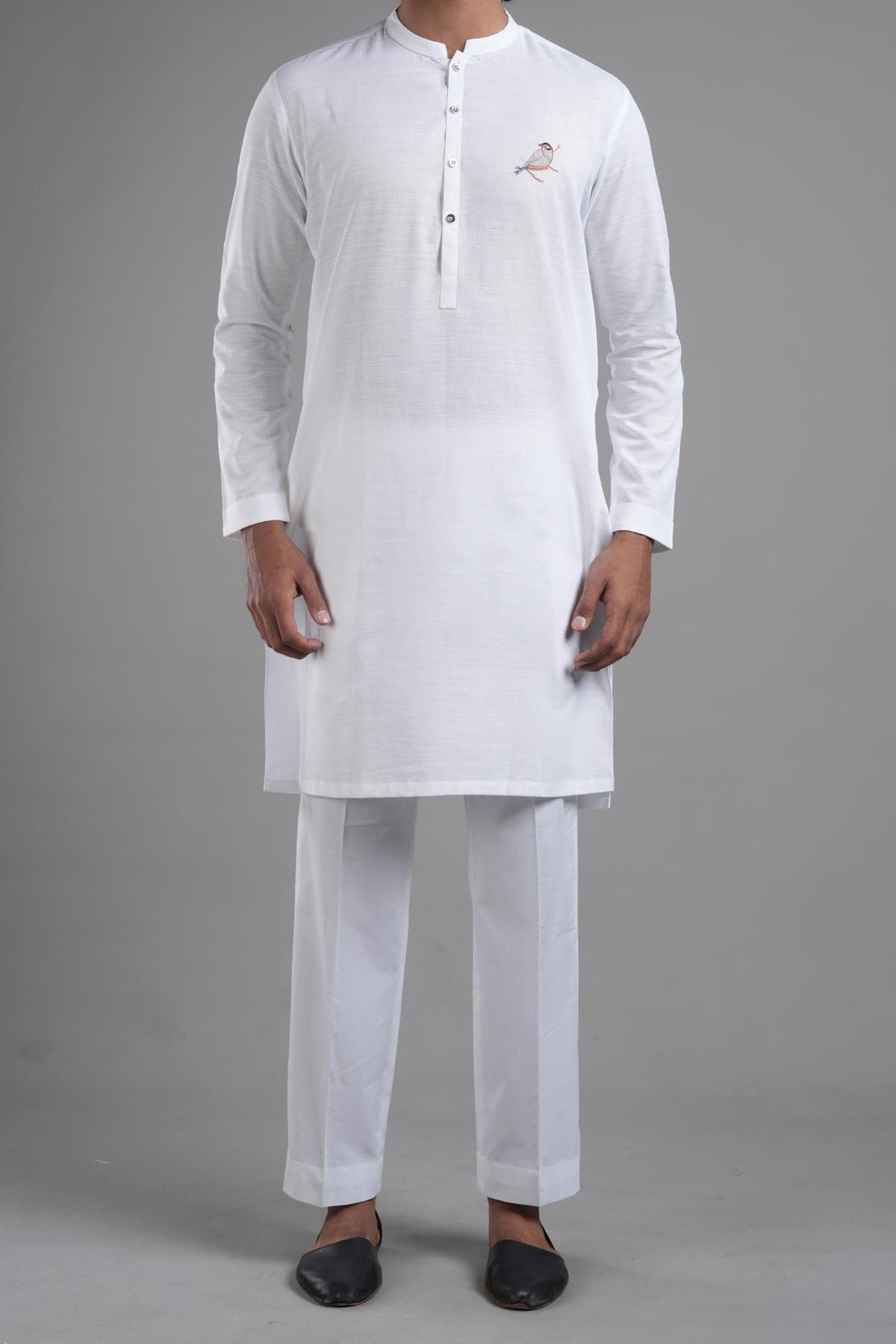 White Embroidered Egyptian Cotton Kurta Pajama (2-Piece) - Image 2