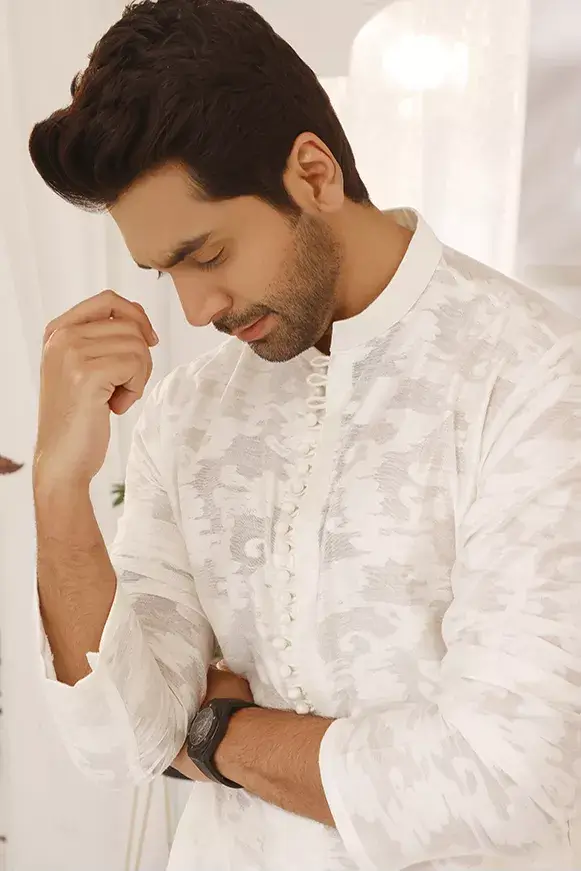 White Self-Patterned Cotton Khaddi Kurta (2-Piece) - Image 1