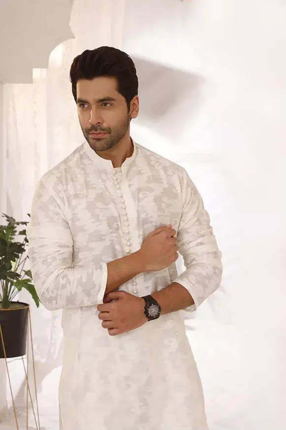 White Self-Patterned Cotton Khaddi Kurta (2-Piece) - Image 2