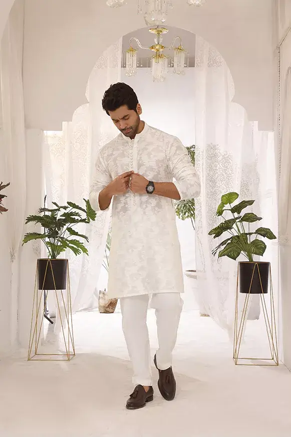 White Self-Patterned Cotton Khaddi Kurta (2-Piece) - Image 3