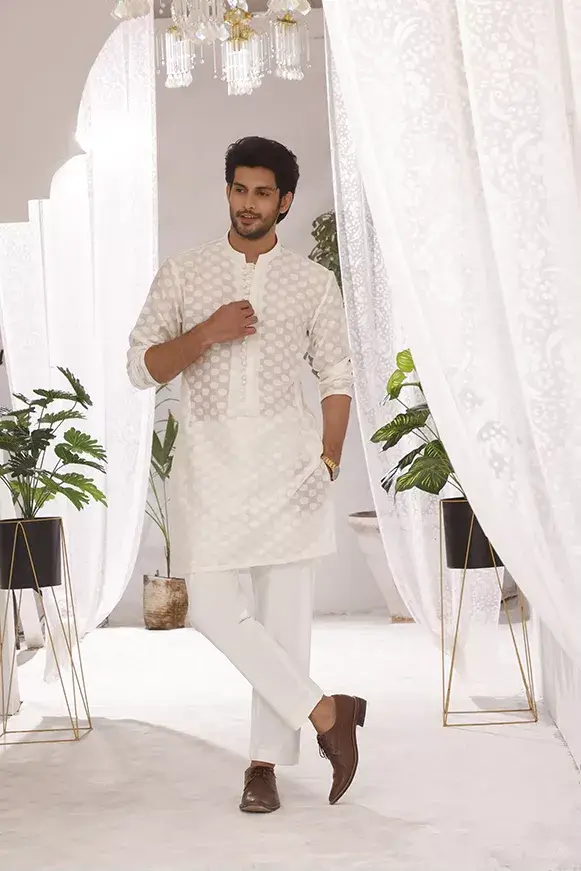 White Jacquard Cotton Khaddi Kurta Pajama (2-Piece) - Image 1