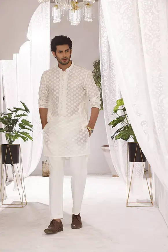 White Jacquard Cotton Khaddi Kurta Pajama (2-Piece) - Image 2