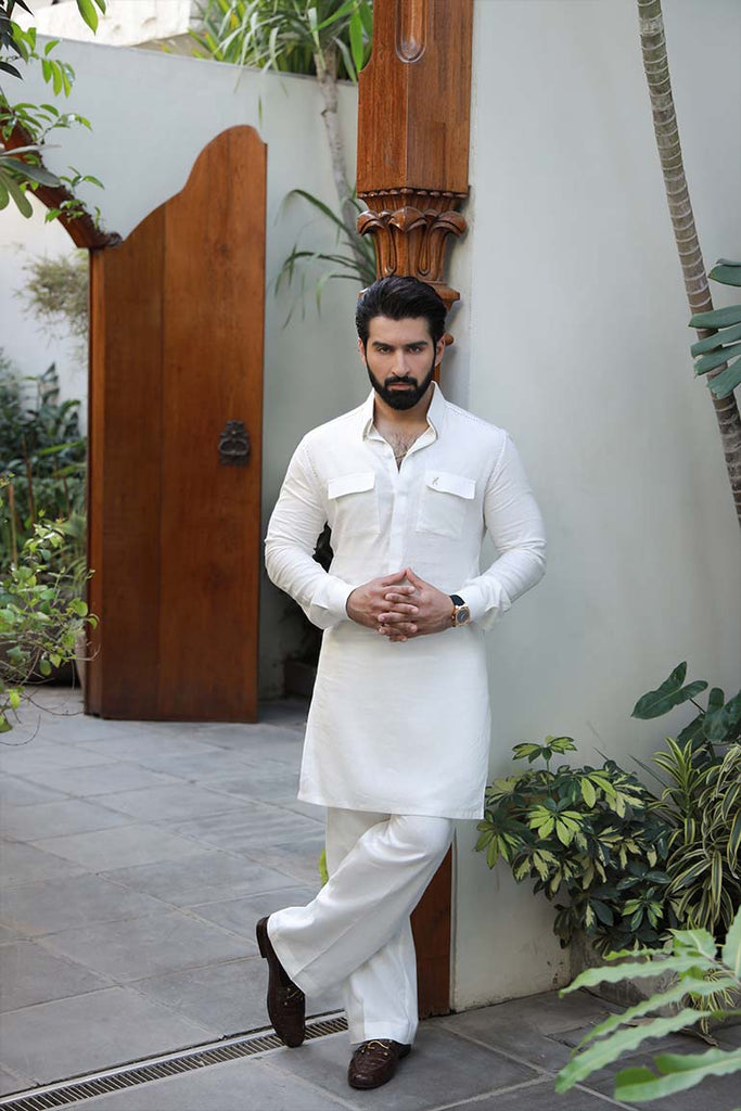White Linen Kurta Pajama with Blue Stitching (2-Piece) - Image 1