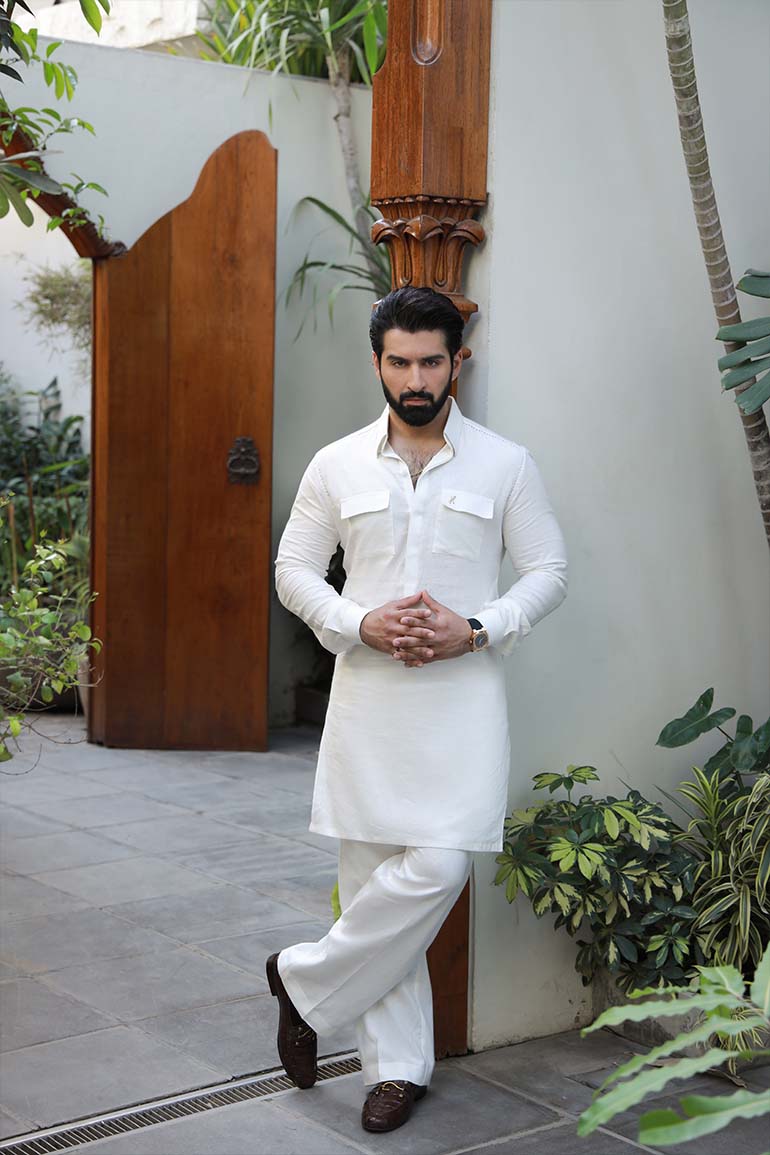 White Linen Kurta Pajama with Blue Stitching (2-Piece) - Image 2