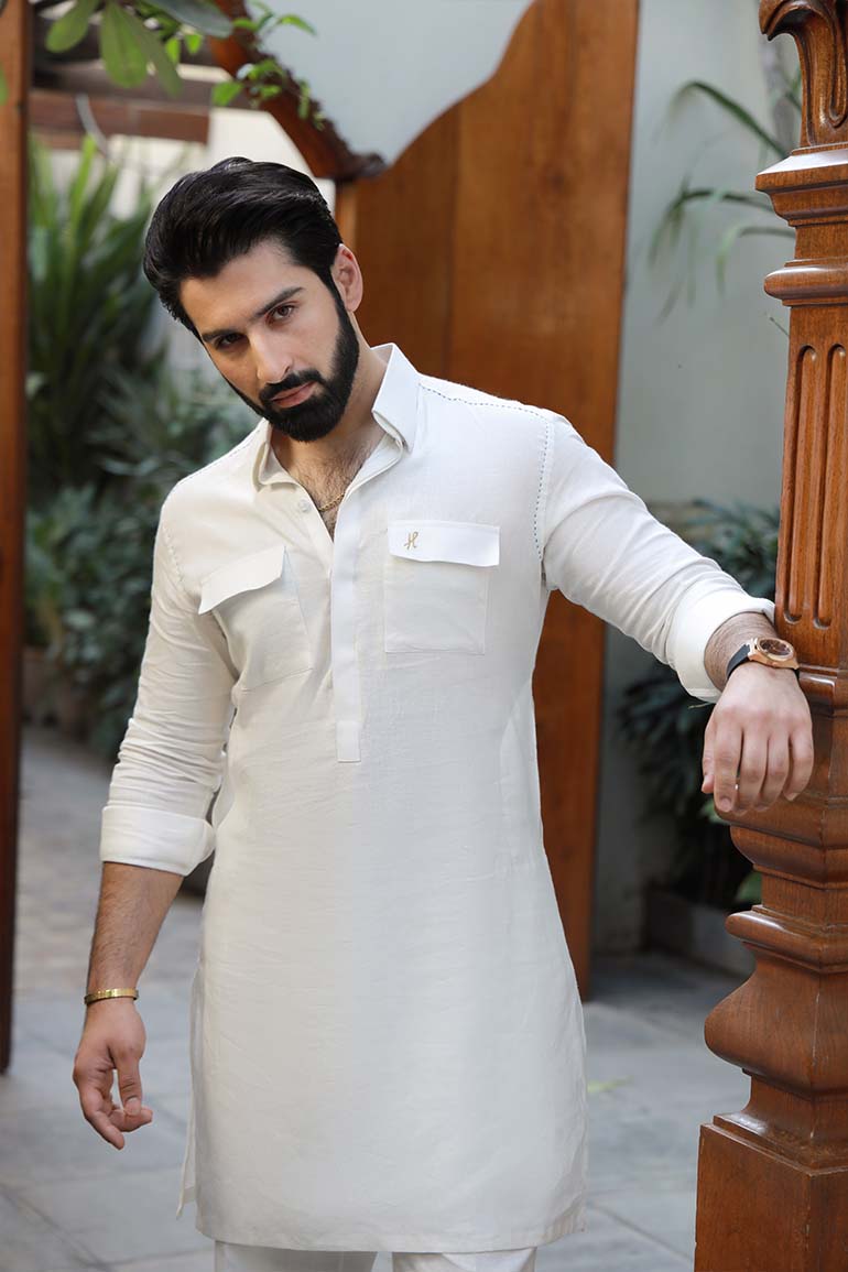 White Linen Kurta Pajama with Blue Stitching (2-Piece) - Image 6