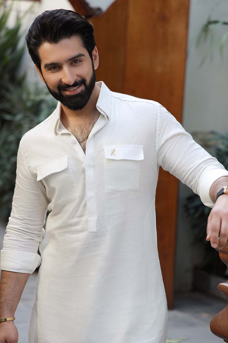 White Linen Kurta Pajama with Blue Stitching (2-Piece) - Image 7