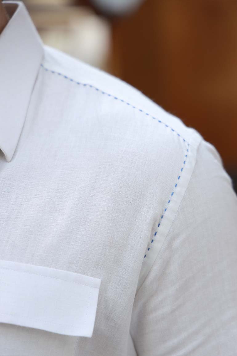 White Linen Kurta Pajama with Blue Stitching (2-Piece) - Image 9