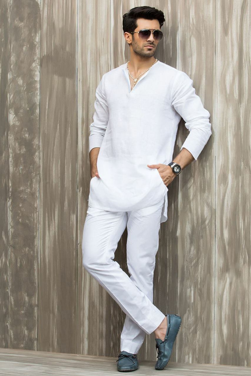 White Linen Kurta Pajama Set (2-Piece) - Image 1