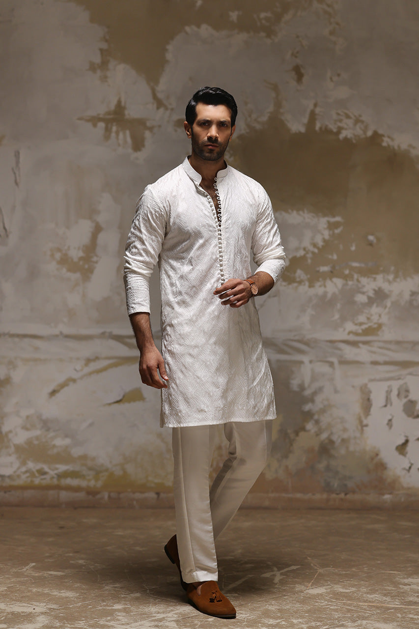 White Embroidered Raw Silk Kurta Pajama (2-Piece) - Image 1