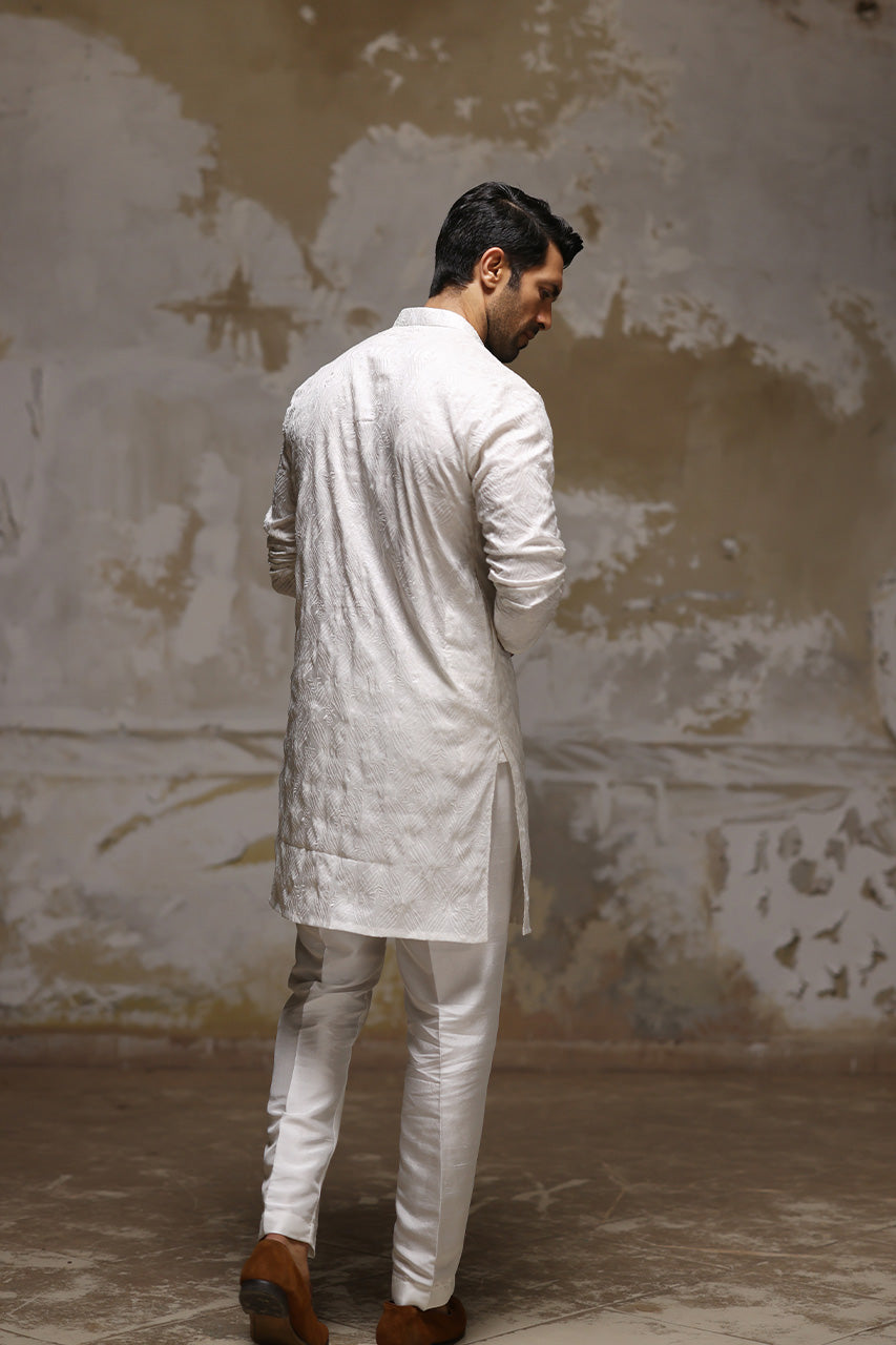White Embroidered Raw Silk Kurta Pajama (2-Piece) - Image 2