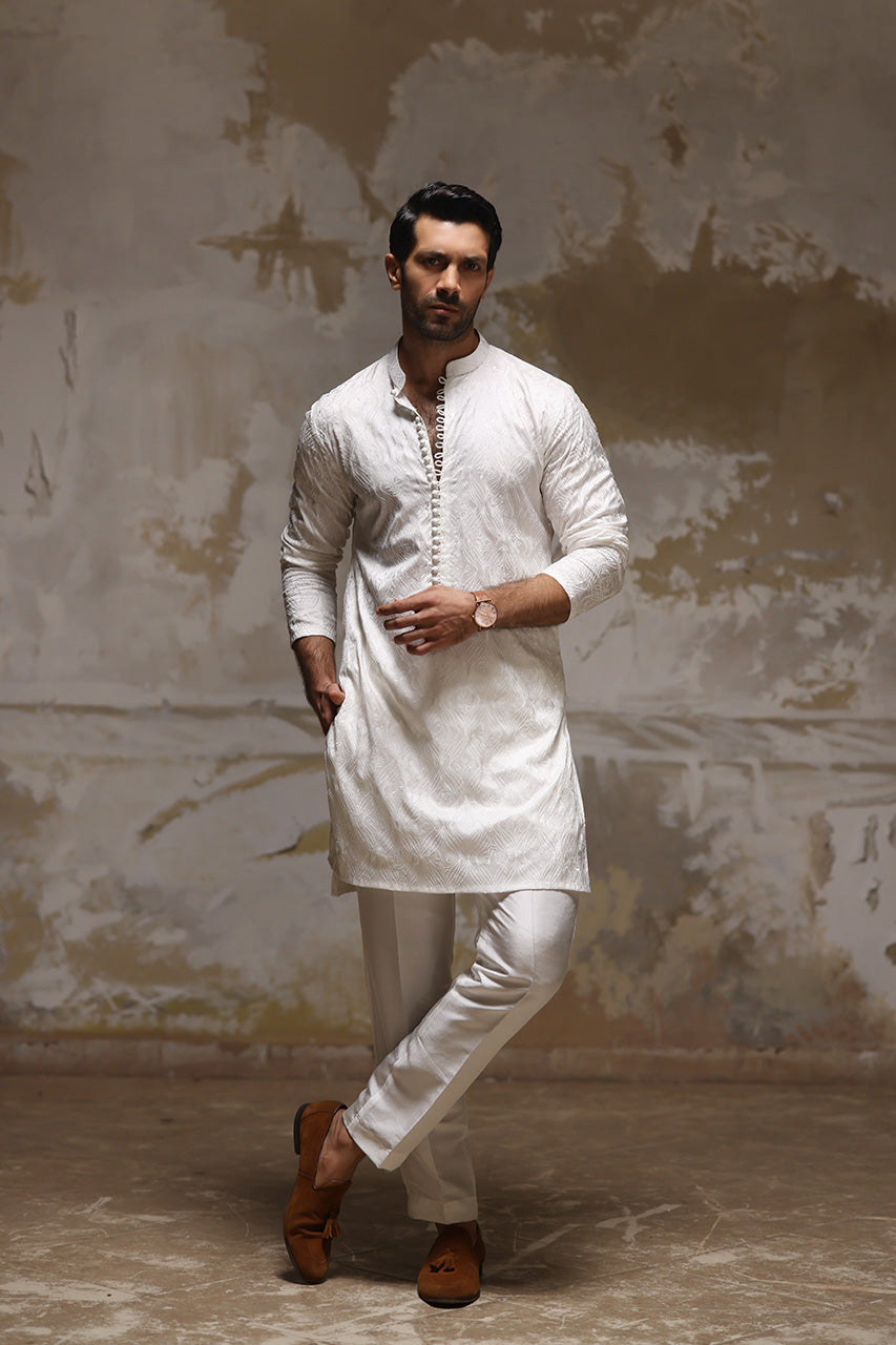 White Embroidered Raw Silk Kurta Pajama (2-Piece) - Image 3