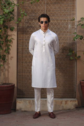 White Embroidered Satin Cotton Kurta Trouser (2-Piece) - Image 2