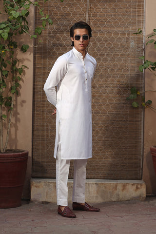 White Embroidered Satin Cotton Kurta Trouser (2-Piece) - Image 4