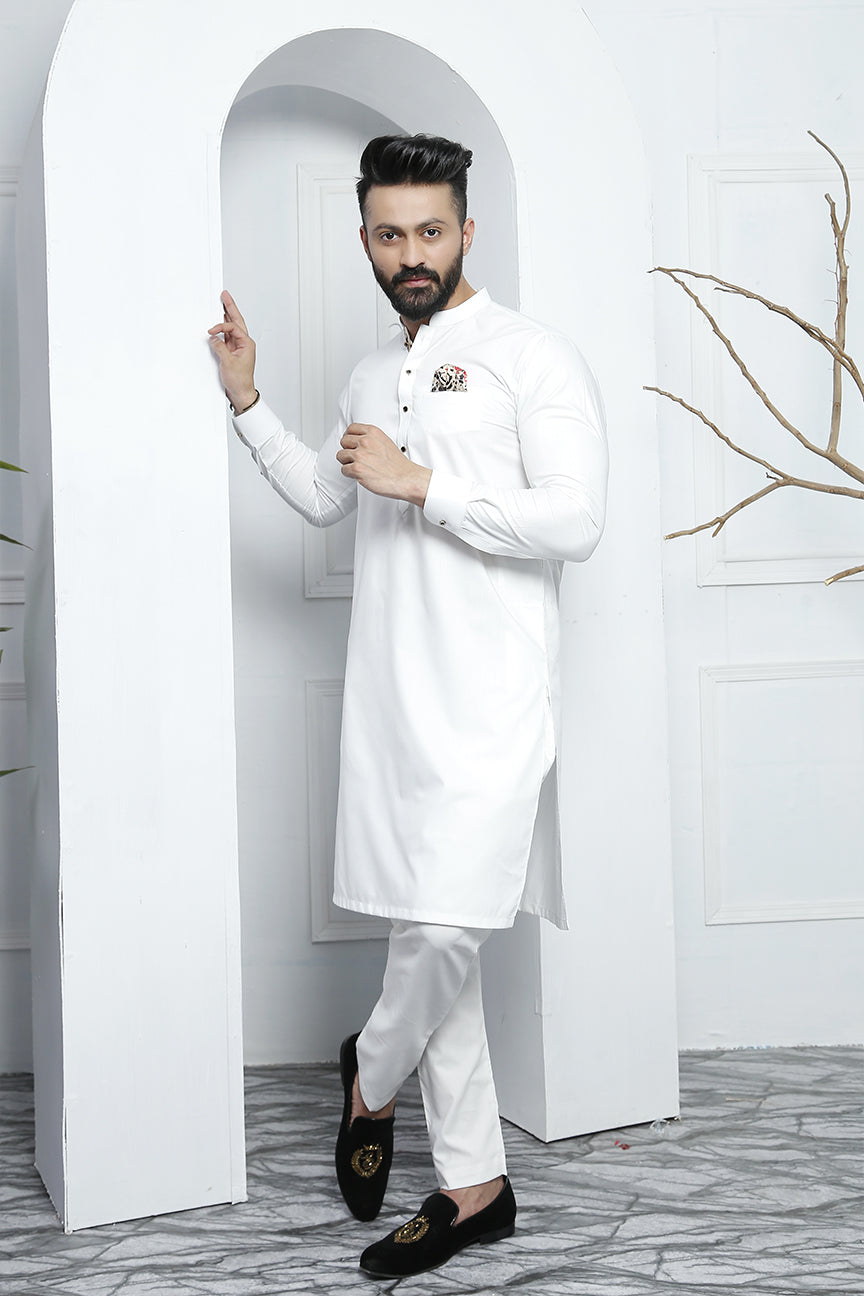 White Patterned Wash N Wear Kurta Pajama (2-Piece) - Image 1