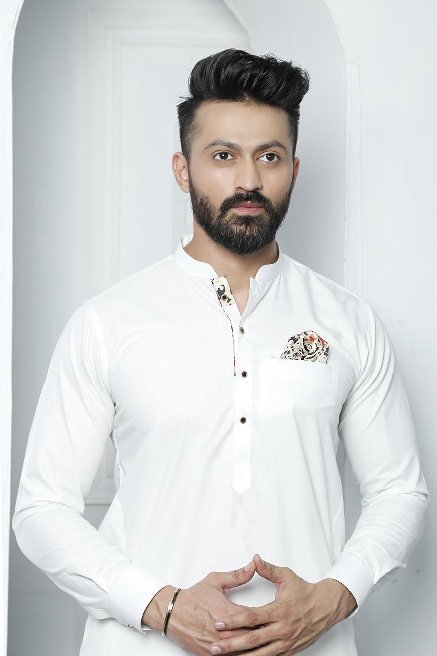 White Patterned Wash N Wear Kurta Pajama (2-Piece) - Image 3