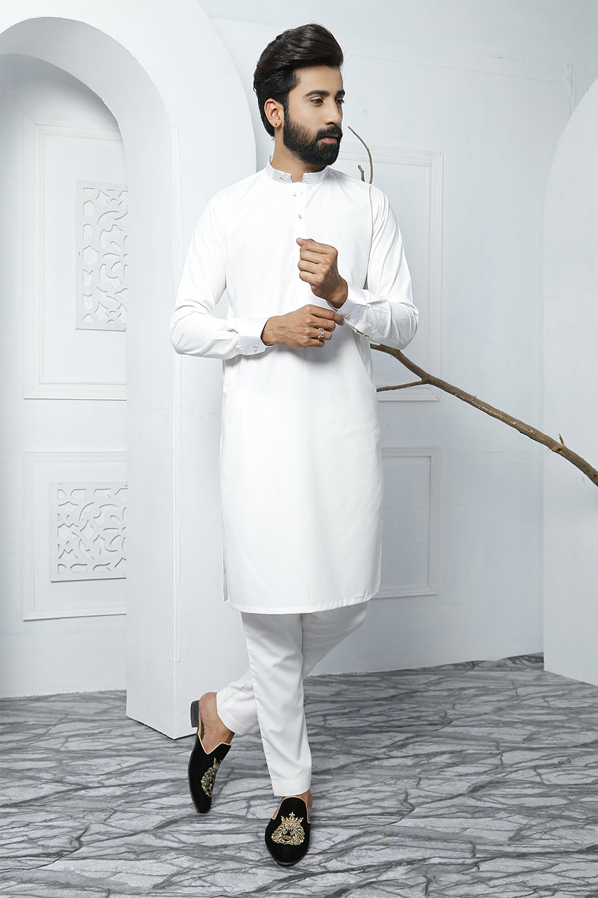 White Embellished Wash N Wear Kurta Pajama (2-Piece) - Image 2