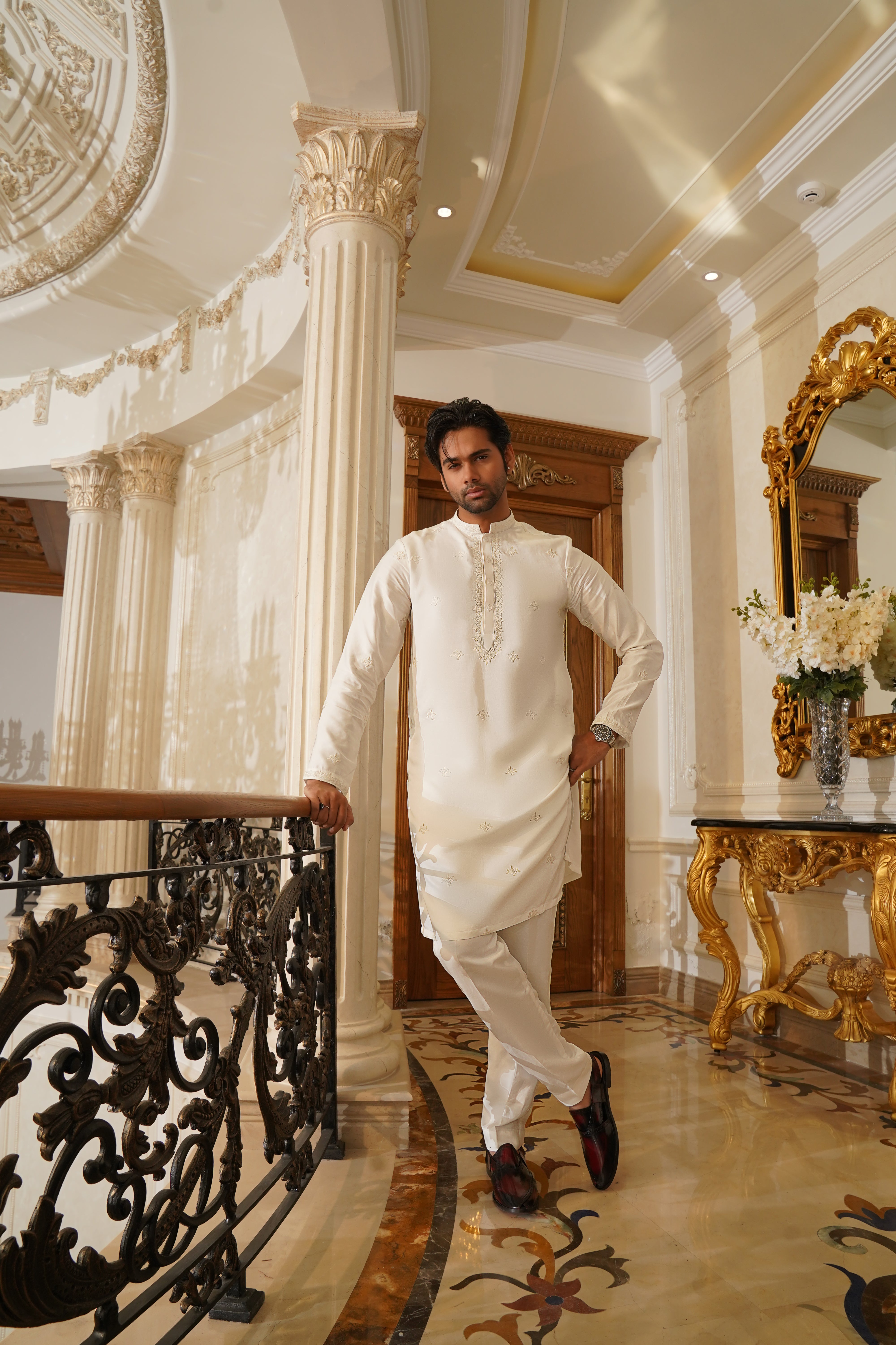 Pearl White Embroidered Silk-Blend Kurta Set (2-Piece) - Image 1