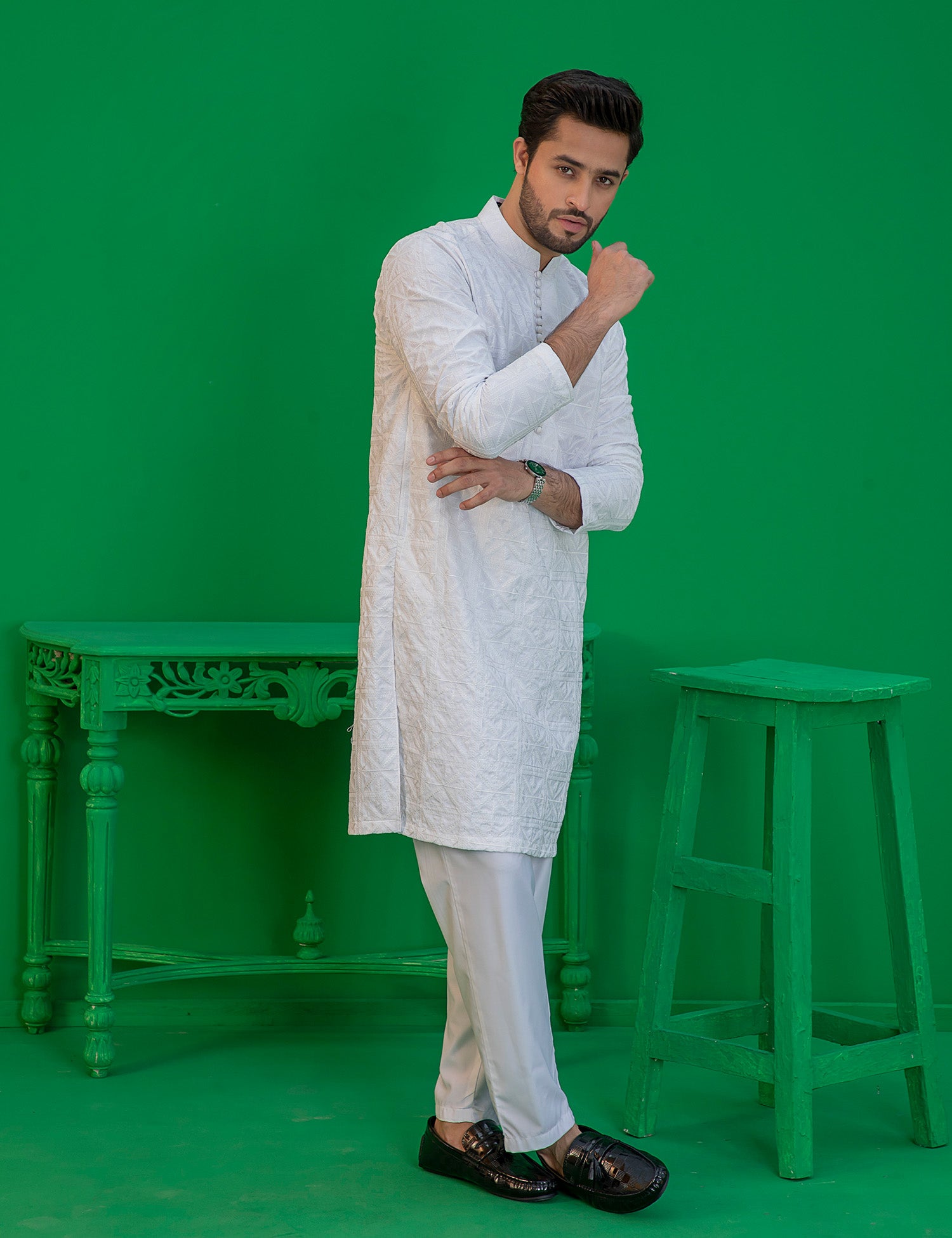 White Embroidered Wash N Wear Kurta (2-Piece) - Image 3