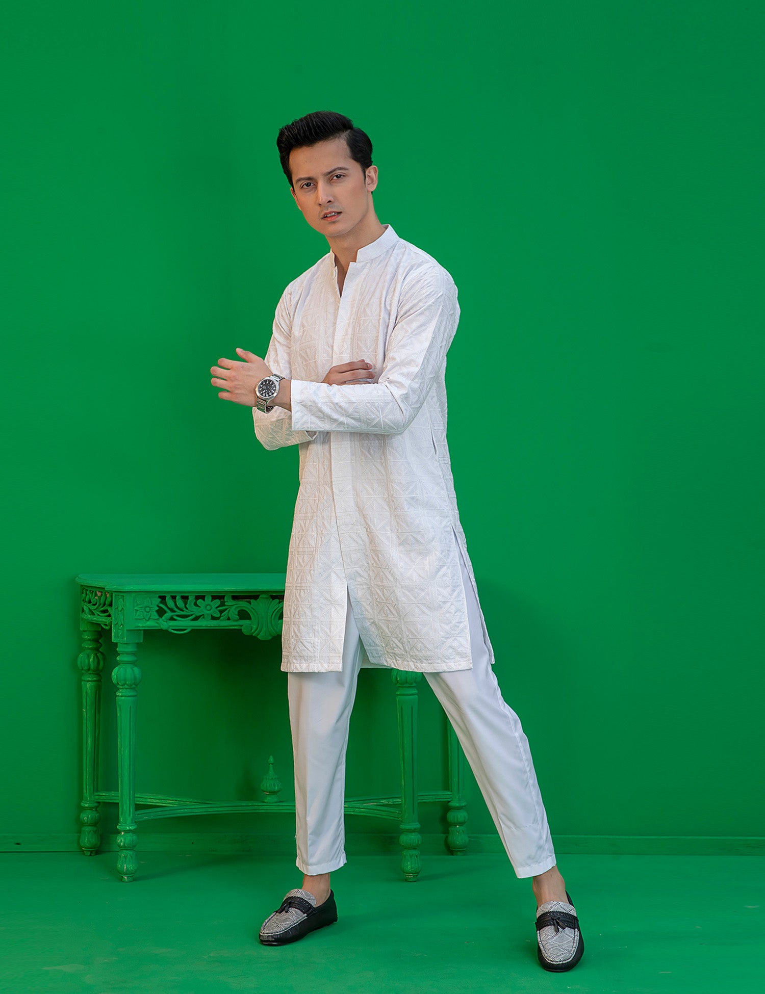 White Embroidered Wash N Wear Kurta (2-Piece) - Image 5