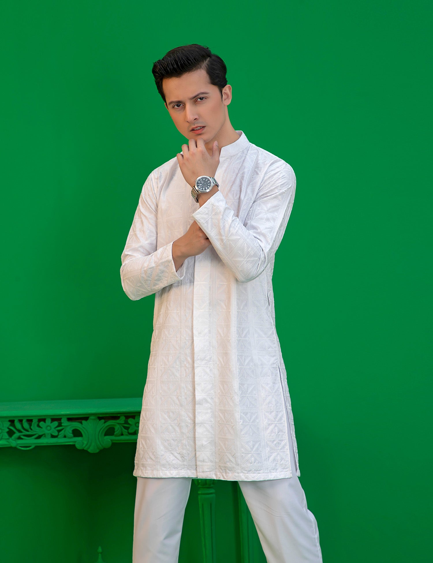 White Embroidered Wash N Wear Kurta (2-Piece) - Image 6
