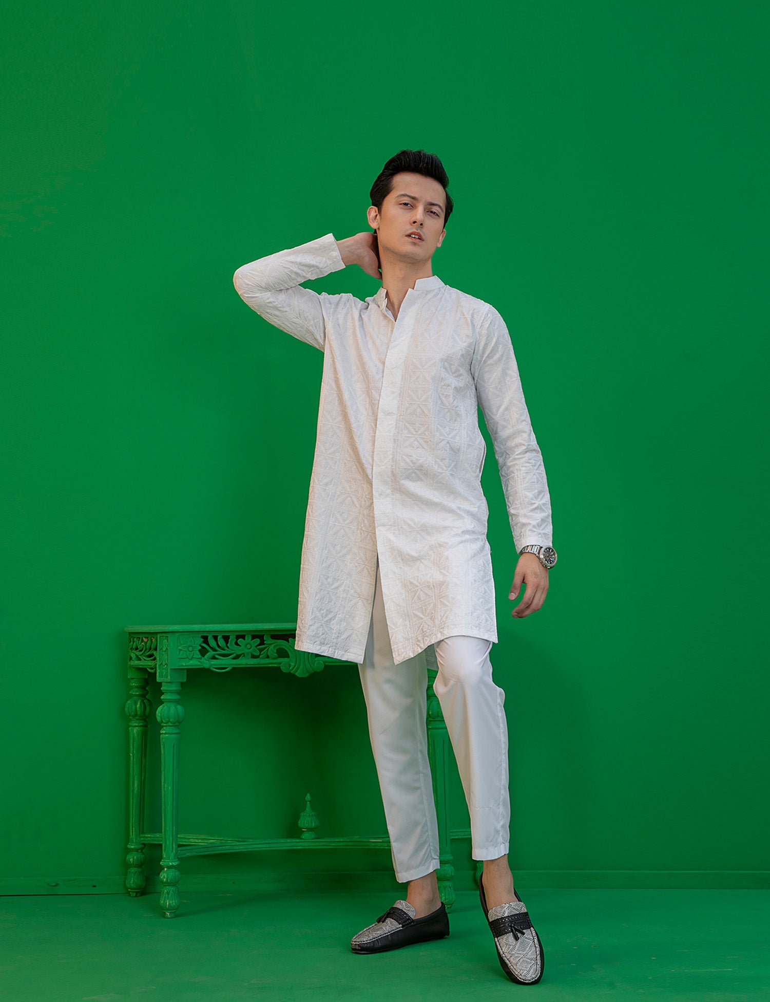 White Embroidered Wash N Wear Kurta (2-Piece) - Image 7