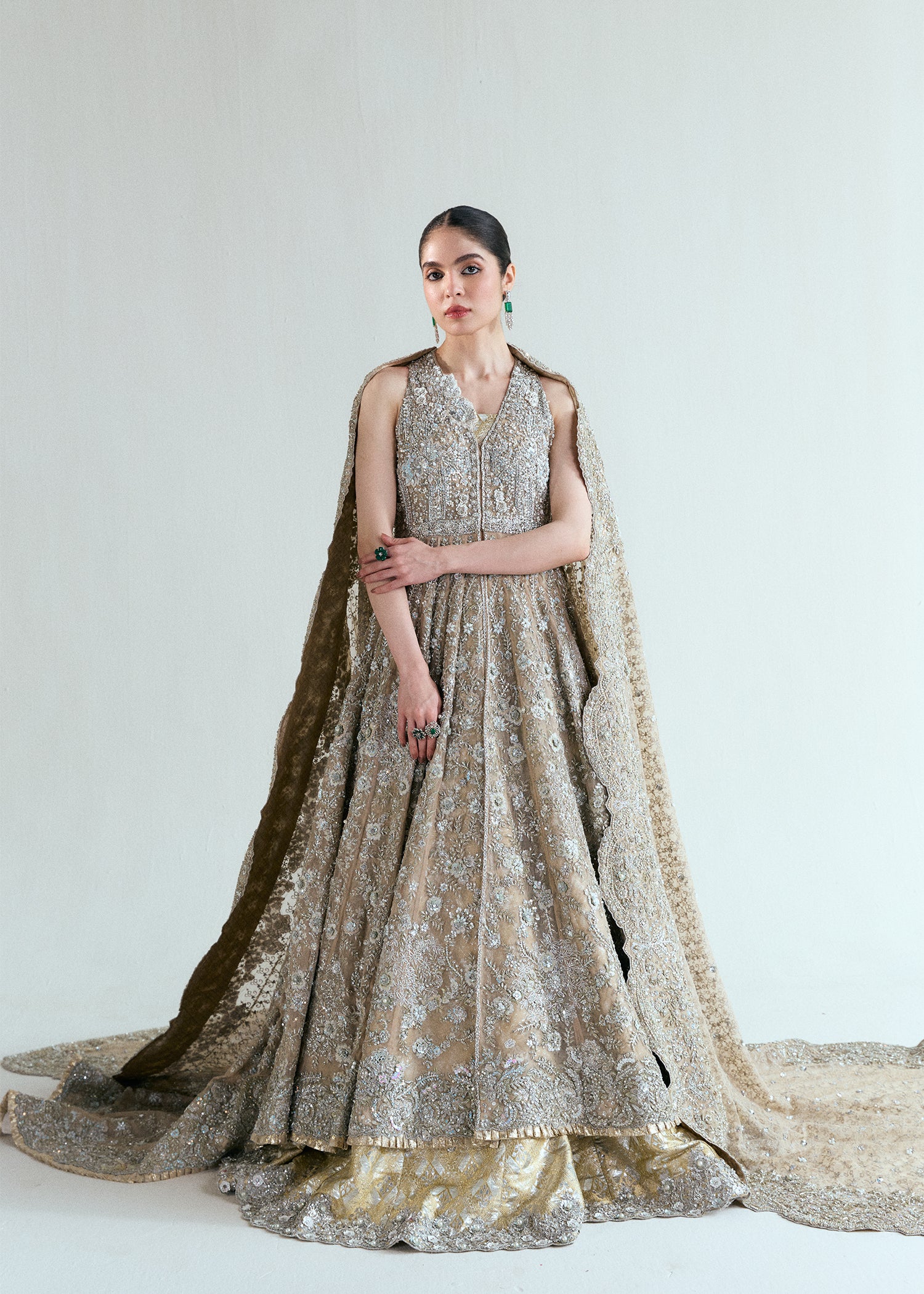 Indian Whisper White Embroidered French Net Bridal Gown (3-Piece) - Image 1