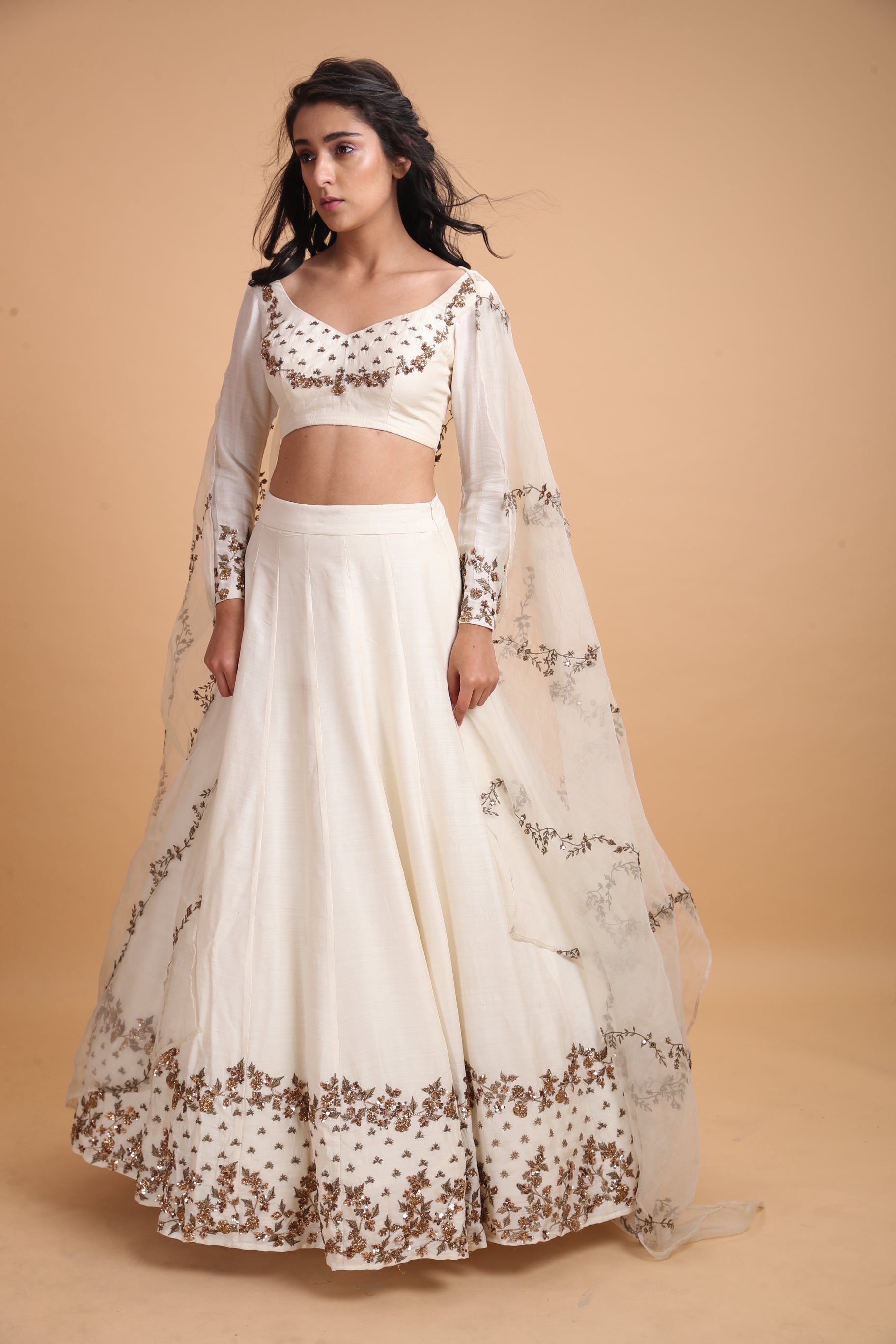 White Embroidered Chanderi Silk Lehenga (3-Piece) - Image 1