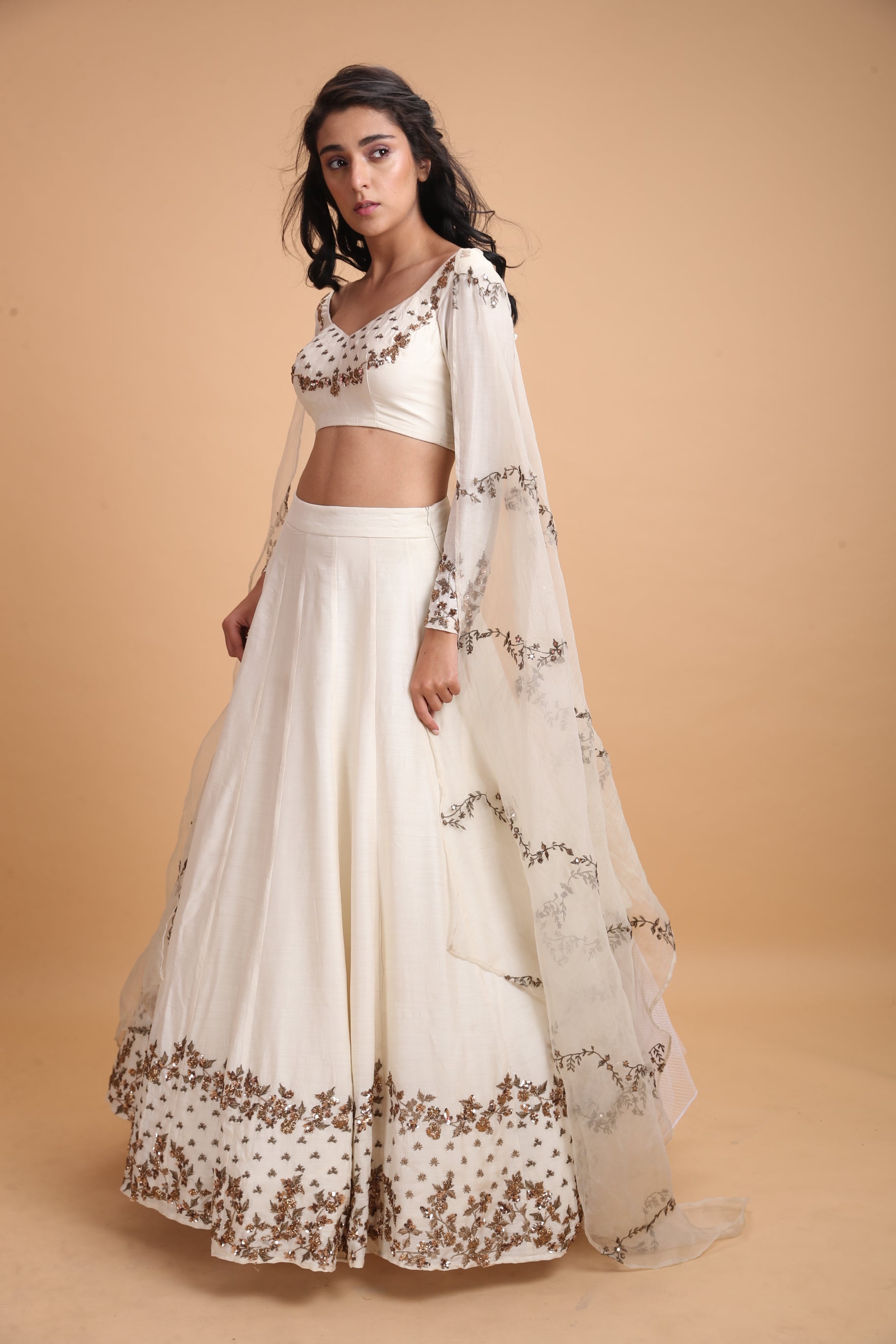White Embroidered Chanderi Silk Lehenga (3-Piece) - Image 10