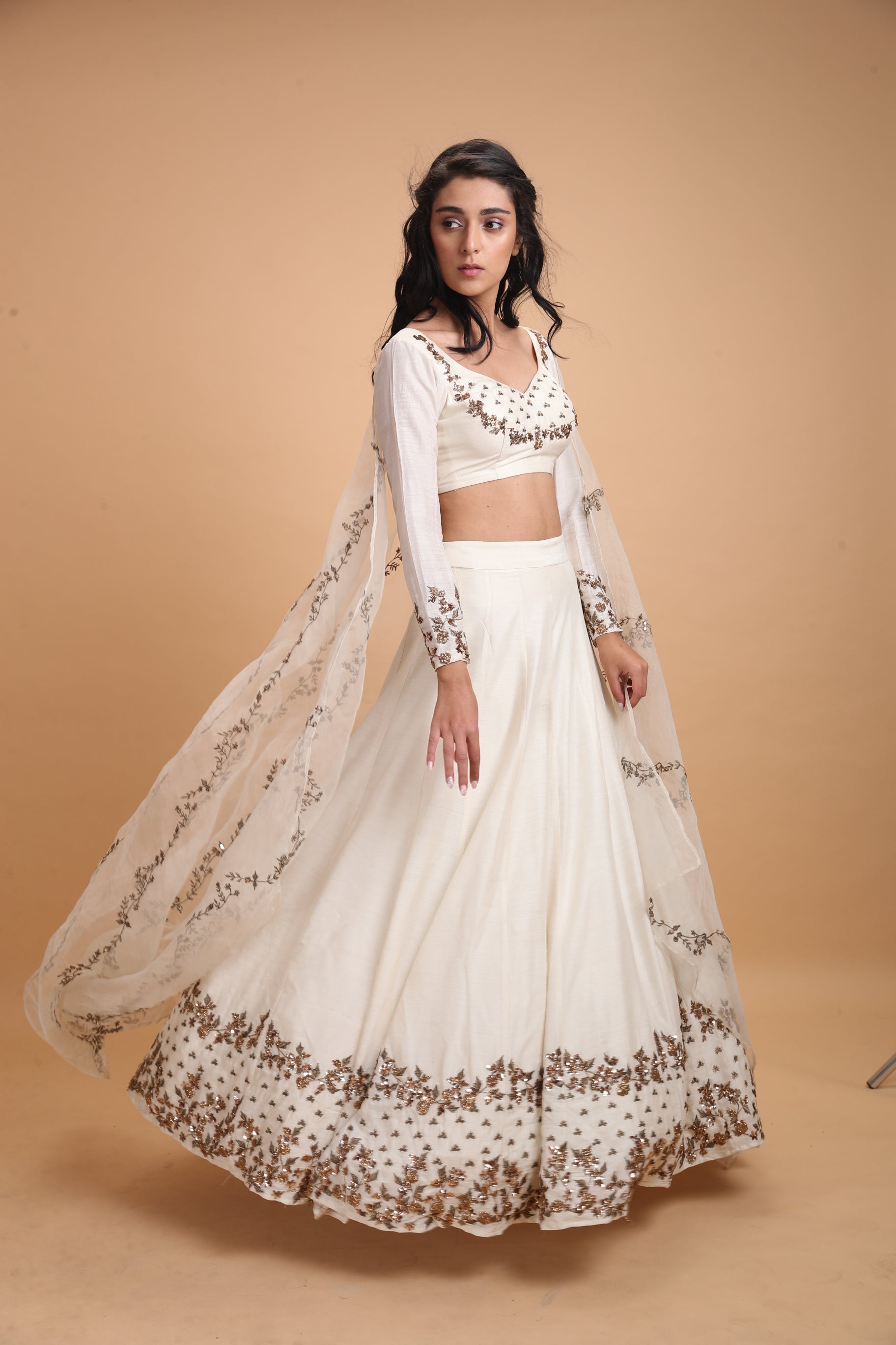 White Embroidered Chanderi Silk Lehenga (3-Piece) - Image 2