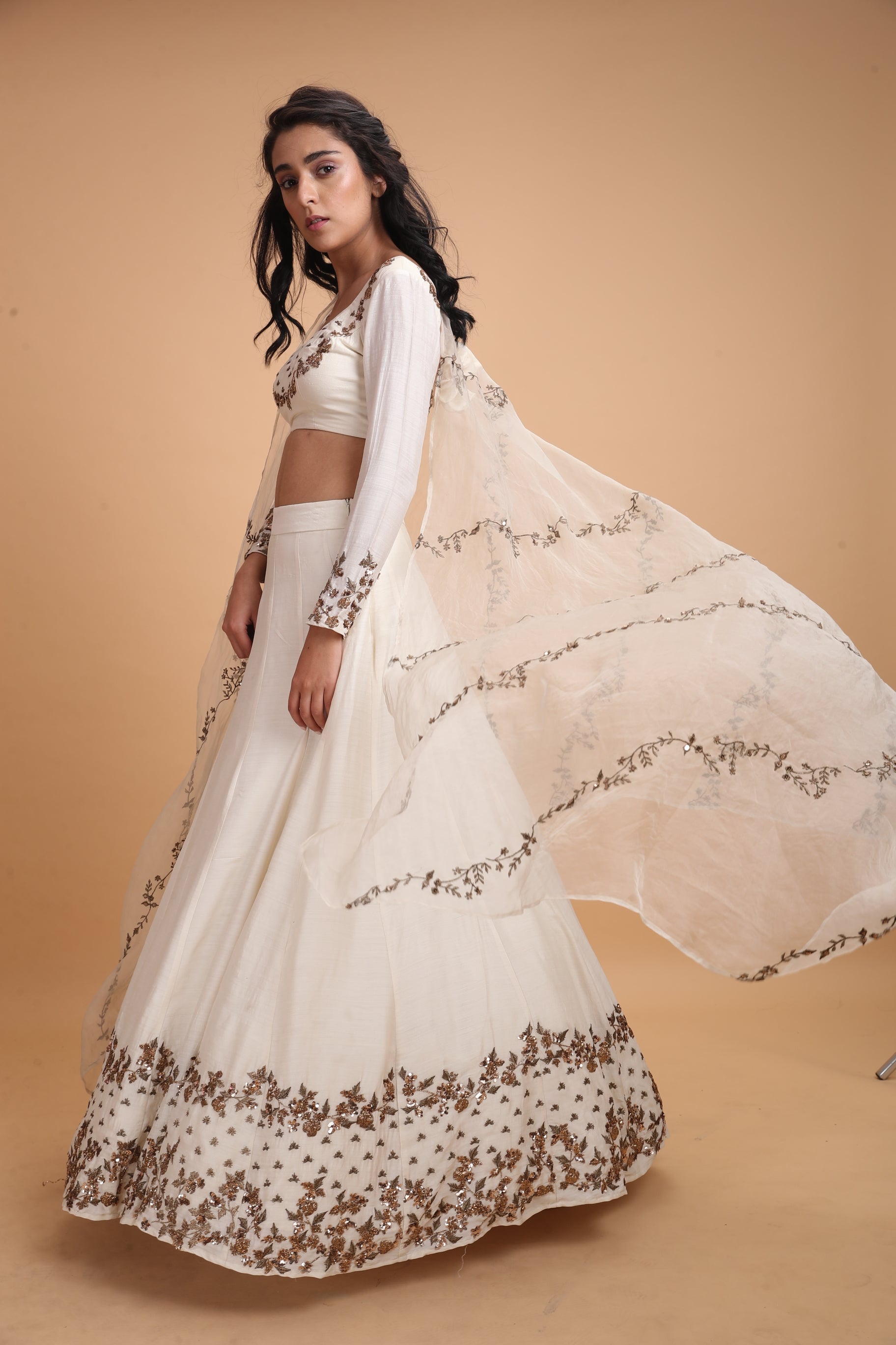White Embroidered Chanderi Silk Lehenga (3-Piece) - Image 4