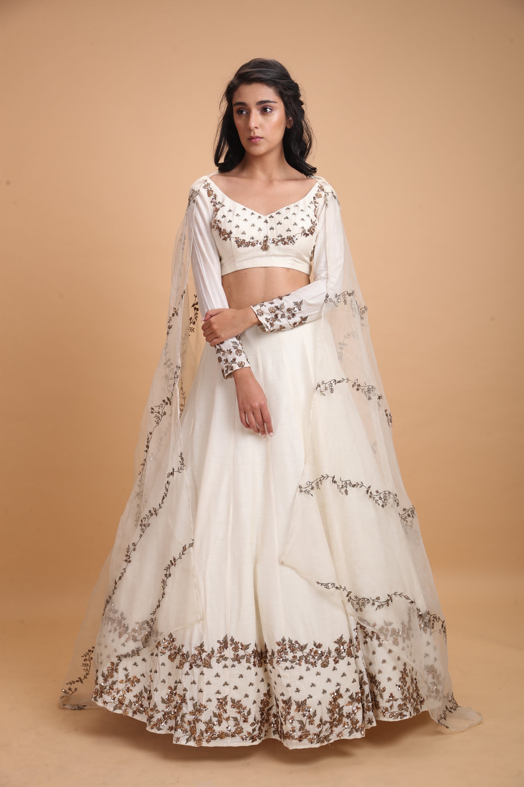White Embroidered Chanderi Silk Lehenga (3-Piece) - Image 7