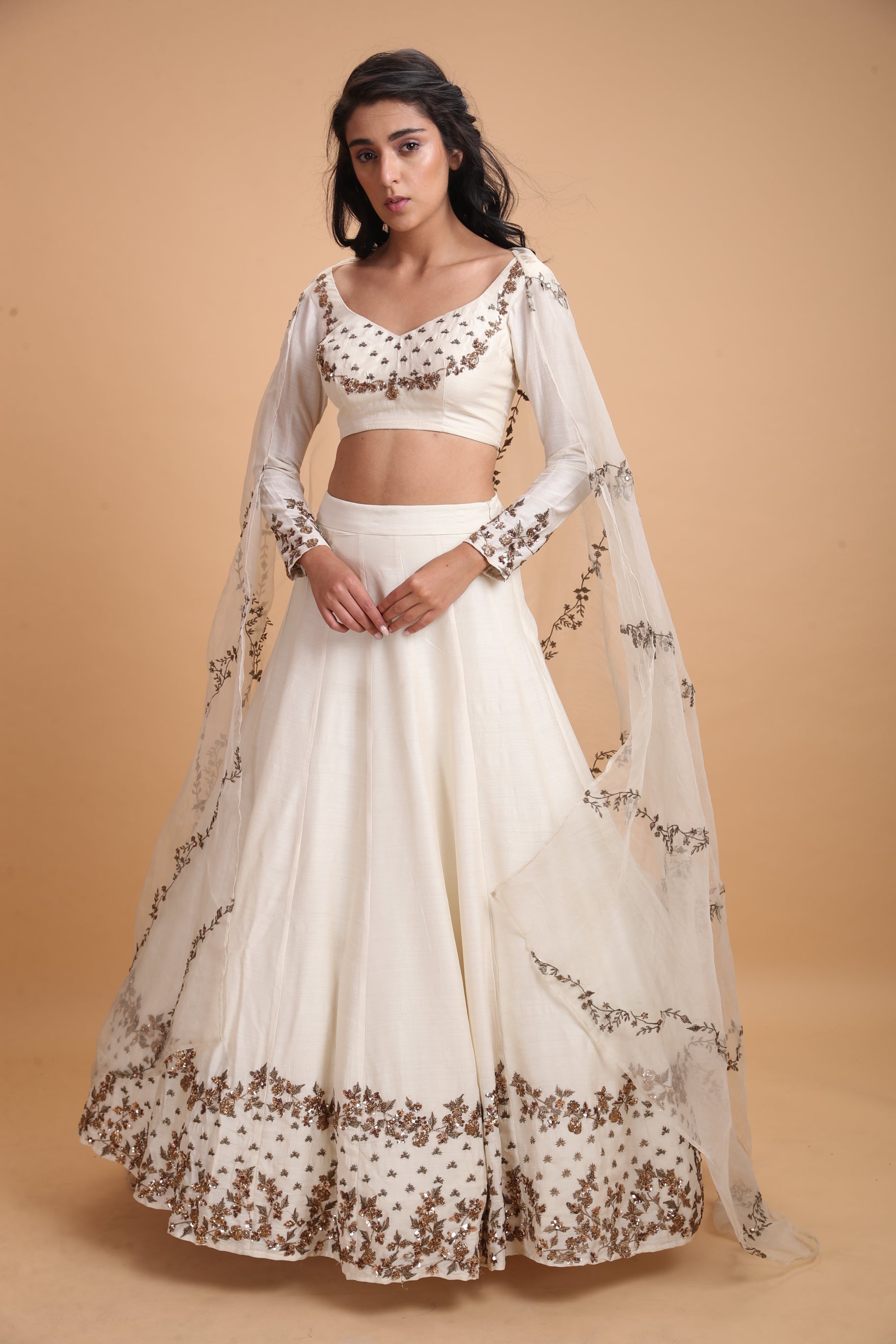 White Embroidered Chanderi Silk Lehenga (3-Piece) - Image 8